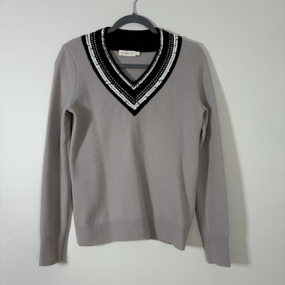 Tory Burch Gray Merino Wool Embellished Sequin V-Neck Sweater Size S/P Preppy